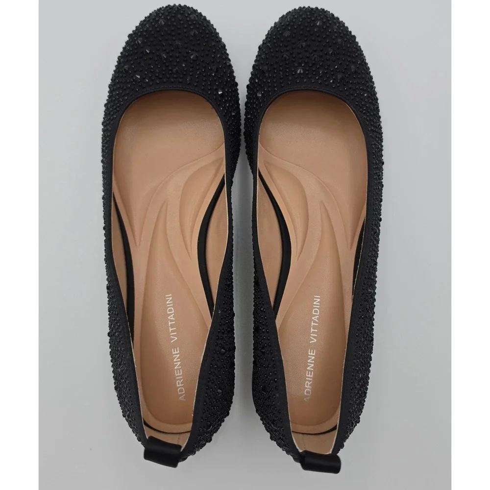 Adrienne Vittadini Carnival Black Satin Rhinestone Flats Shoes 9M 3W25F023 NWB